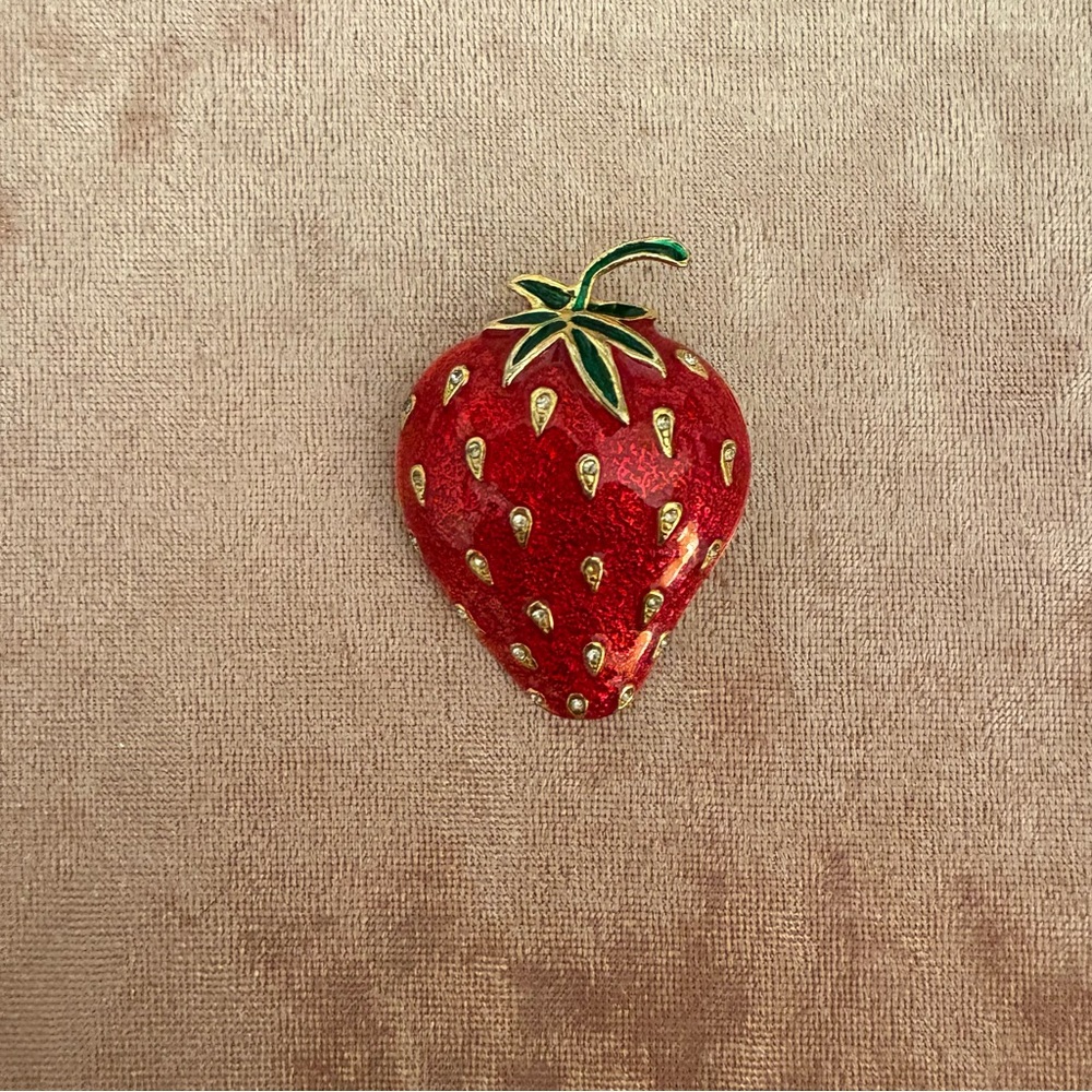 Enamel Strawberry Brooch with Gold Accents